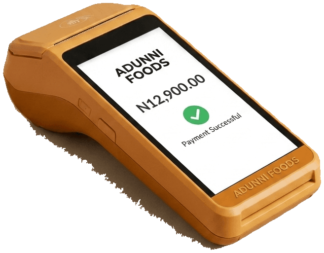 A payment terminal in Adunni Foods's colours showing a successful ₦12,900 payment