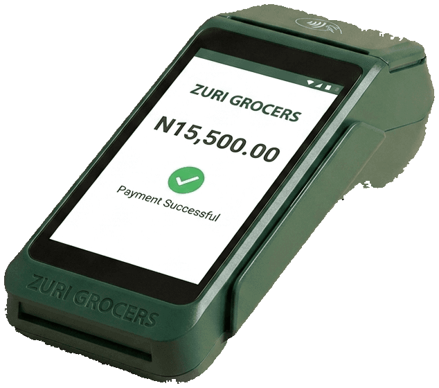 A payment terminal in the colours of Zuri Grocers, an illustrative retail business, with its name on the screen
